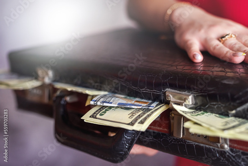 Closeup of female holding briefcase with money as bribery