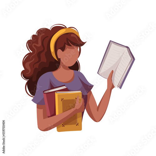 Woman with books. Bookstore, bookshop, library, book lover, bibliophile, education concept. Isolated vector illustration.