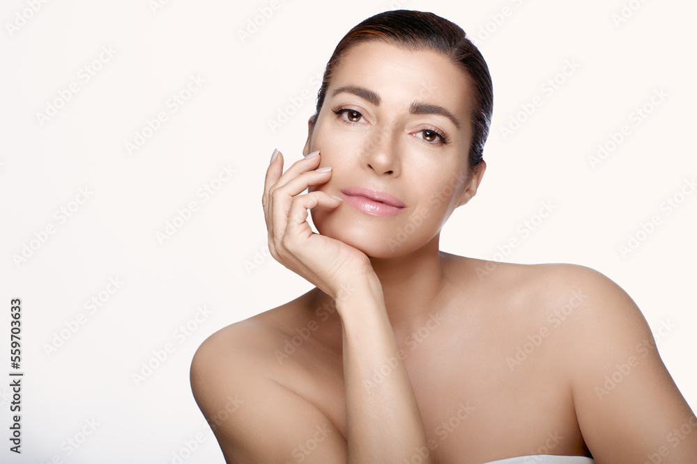 Beauty and Skin Care Concept. Beautiful natural woman with clean healthy luminous skin. Panorama banner with lateral white copyspace Beauty and Skin Care Concept. Beautiful natural woman with clean healthy luminous skin. Panorama banner with lateral white copyspace