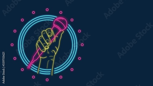 Neon lights of a hand holding on a microphone