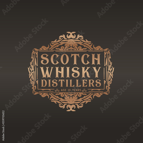 Vintage Illustration Hand Drawing scotch whisky emblem label logo