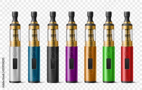 Realistic electronic cigarettes. Different colors vaporizers, bright disposable smoking accessories, blank portable e-cigarette, colorful vape nicotine stick, 3d objects, utter vector set