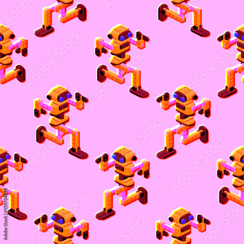 Seamless pattern of dancing robots. Vector clipart