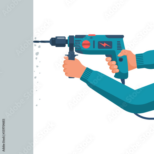 Professional home worker drilling a concrete wall. Hand drill in the hands of a worker. Manual electric tool. Equipment for repair and housework. Drilling tool. Vector illustration flat design.