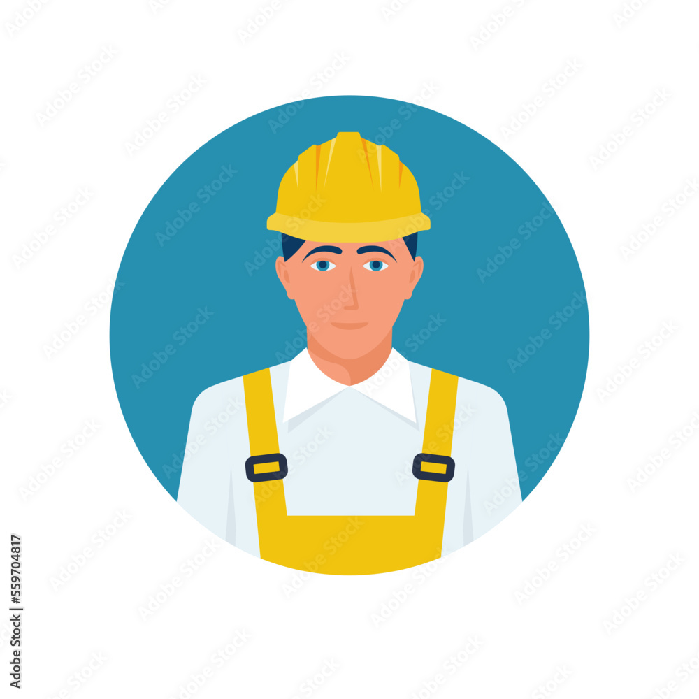 Worker in a helmet. Construction worker in uniform and plastic safety helmet. Labor protection. Vector illustration flat design. Isolated on white background. Worker in a helmet. Construction worker in uniform and plastic safety helmet. Labor protection. Vector illustration flat design. Isolated on white background.