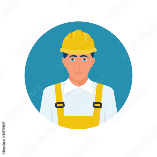 Worker in a helmet. Construction worker in uniform and plastic safety helmet. Labor protection. Vector illustration flat design. Isolated on white background.