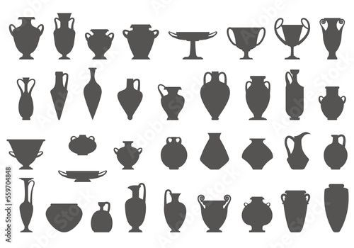 Greek vases silhouettes. Ancient amphoras and pots glyph illustration. Clay ceramic earthenware. Vector.