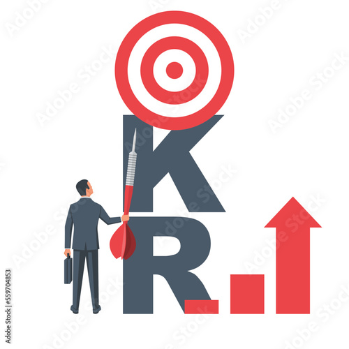 OKR concept. Objectives and Key Results. Achievement of goal. Purpose business concept. Purposeful businessman. Vector illustration flat design. Aspirational people. Challenge achieve aim.