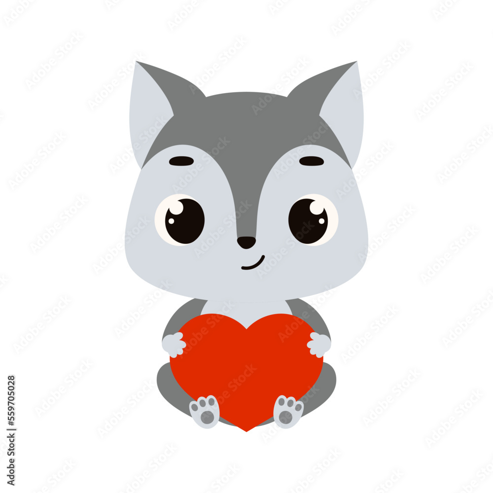 Cute little sitting wolf holds heart. Cartoon animal character for kids cards, baby shower, invitation, poster, t-shirt composition, house interior. Vector stock illustration
