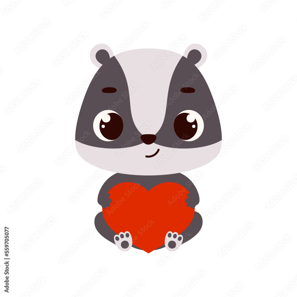 Obraz premium Cute little sitting badger holds heart. Cartoon animal character for kids cards, baby shower, invitation, poster, t-shirt composition, house interior. Vector stock illustration