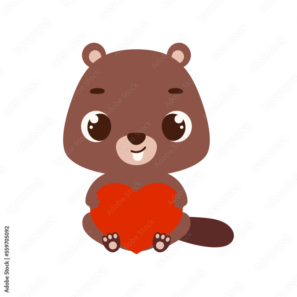 Cute little sitting beaver holds heart. Cartoon animal character for kids cards, baby shower, invitation, poster, t-shirt composition, house interior. Vector stock illustration Cute little sitting beaver holds heart. Cartoon animal character for kids cards, baby shower, invitation, poster, t-shirt composition, house interior. Vector stock illustration