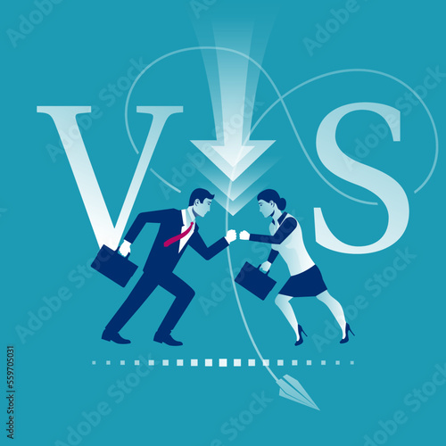 Two businessmen man and woman collided in battle. Versus concept. Vector illustration flat design. Isolated on white background. Dispute of people. Business conflict concept.