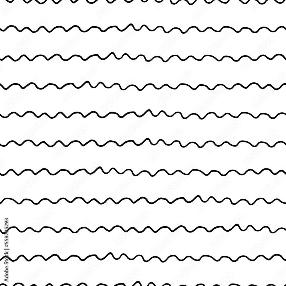 Hand drawn ink doodle simple wave pattern. Monochrome colors. Expressive seamless abstract background in black and white. Trendy brush marks. Vector illustration