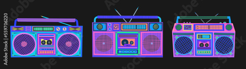 Boombox illustration. Cassette player. Retro cassette recorder. Music player. 90s style boombox vector. 1990s, 2000s technology. Nostalgia for the 90s.