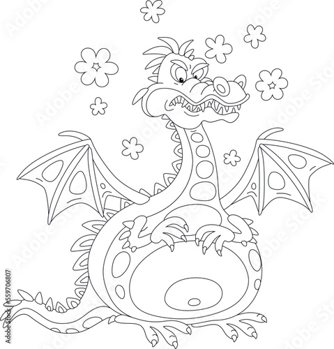 Funny fat toy dragon with clouds of smoke, black and white outline vector cartoon illustration for a coloring book
