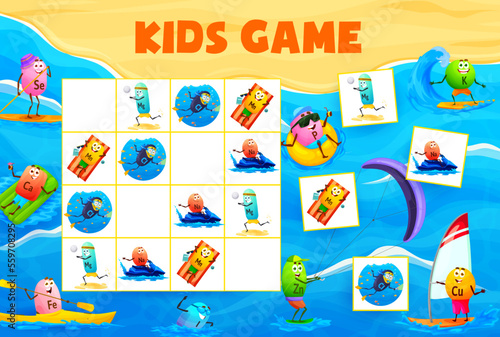 Sudoku game cartoon vitamin and mineral characters on beach vacation. Kids vector worksheet riddle with nutrient bubbles water fun and sport. Educational task, children crossword teaser, boardgame