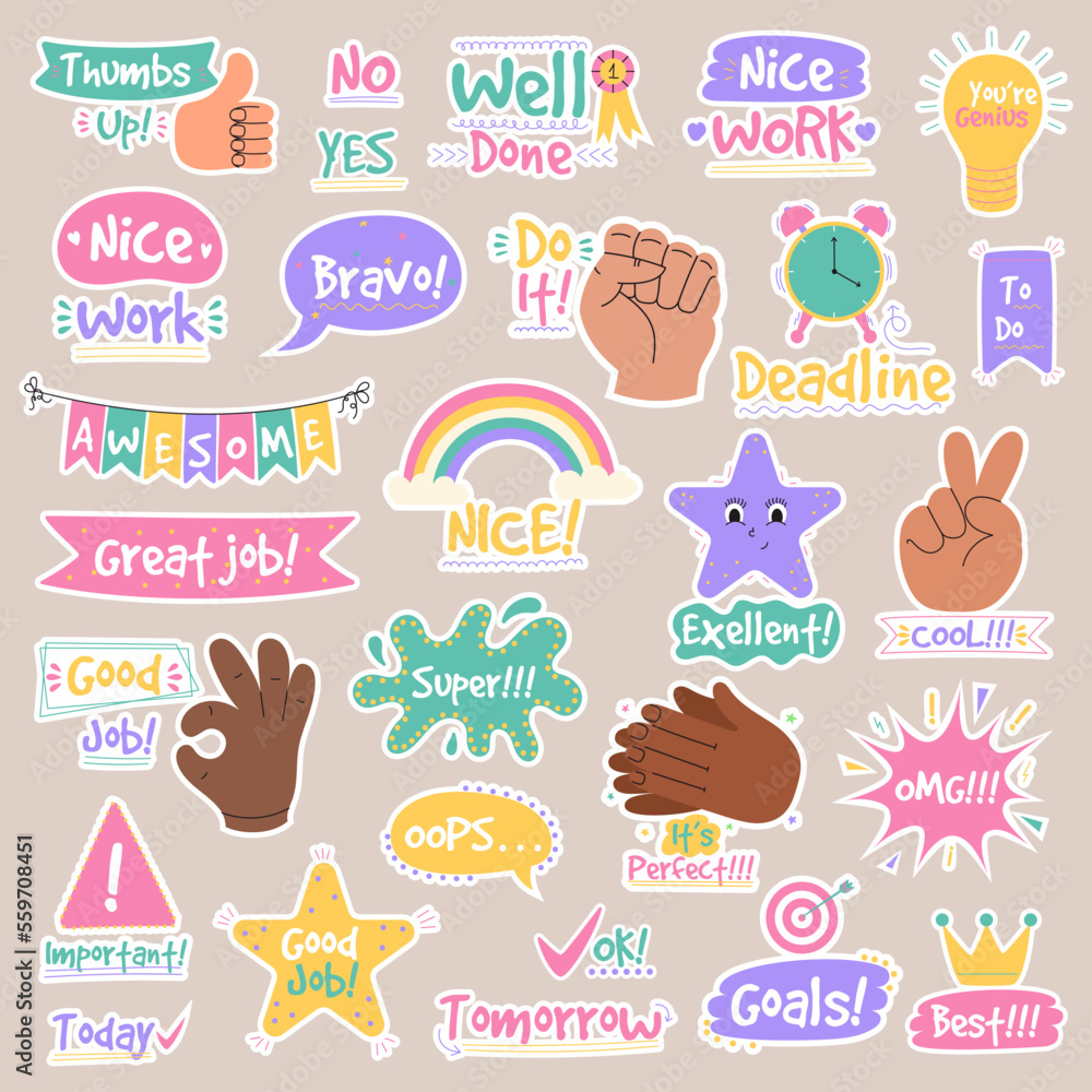 Job and great job groovy stickers pack. Set of reward stickers for