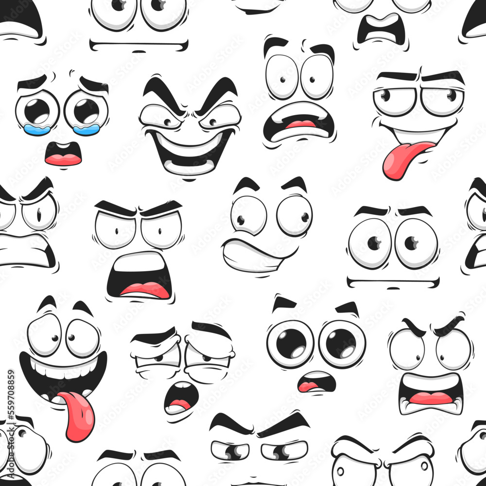 Cartoon emoji faces seamless pattern. Evil, scared and foolish, amazed, crying and laughing faces expressions seamless backdrop or wallpaper. Textile or wrapping paper funny print or background - obrazy, fototapety, plakaty 