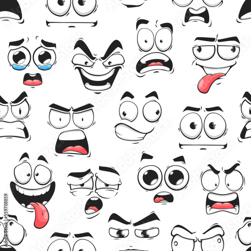 Cartoon emoji faces seamless pattern. Evil, scared and foolish, amazed, crying and laughing faces expressions seamless backdrop or wallpaper. Textile or wrapping paper funny print or background