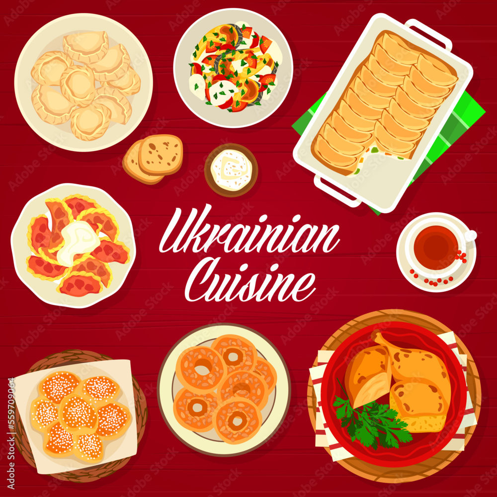 Ukrainian cuisine menu cover of vector meat food, vegetable fish casserole and pastry desserts. Sweet dumplings, donuts, bagels, baked chicken with noodle pudding, cheesecake with fruits and rowan tea Ukrainian cuisine menu cover of vector meat food, vegetable fish casserole and pastry desserts. Sweet dumplings, donuts, bagels, baked chicken with noodle pudding, cheesecake with fruits and rowan tea