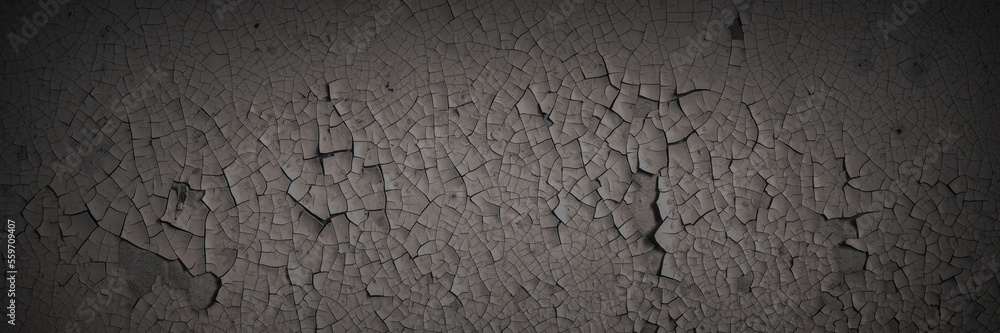 Dark wide panoramic background. Peeling paint on a concrete wall. Dark grunge texture of old cracked flaking paint. Weathered rough painted surface. Patterns of cracks. Darkness background for design. Dark wide panoramic background. Peeling paint on a concrete wall. Dark grunge texture of old cracked flaking paint. Weathered rough painted surface. Patterns of cracks. Darkness background for design.