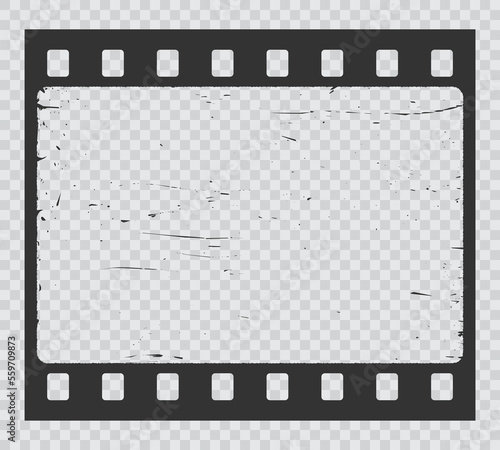 Grunge movie film strip, isolated filmstrip frame on vector transparent background. Old photo or vintage picture film, cinema movie film strip slide with scratched borders, retro 35 mm photography