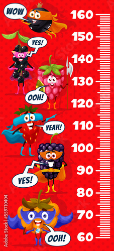 Kids height chart ruler cartoon superhero berry characters growth meter. Vector wall sticker scale for children with funny black currant, birds cherry, raspberry, blackberry, strawberry and cloudberry