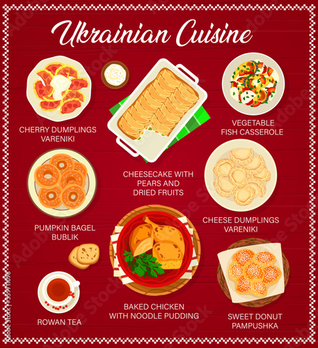Ukrainian cuisine vector menu with vegetable, meat and fish food. Traditional meal dishes of cheese and cherry dumplings, baked chicken with noodle pudding, sweet donut, pumpkin bagel and cheesecake
