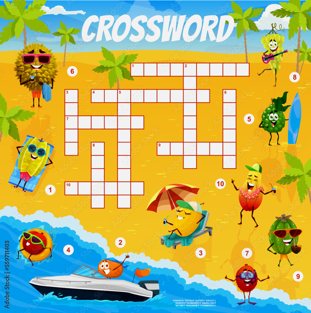 Cartoon fruits characters on summer beach crossword quiz game vector Cartoon fruits characters on summer beach crossword quiz game vector