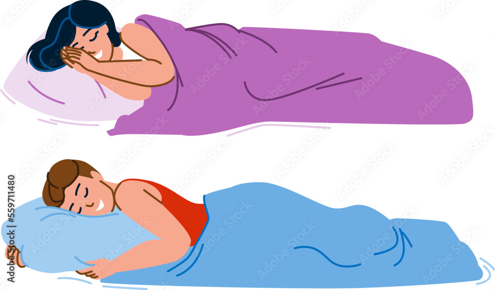 Obraz premium sleeping peaceful vector. bed young, pillow woman, dream bedroom, beautiful female, lifestyle rest, night sleeping peaceful character. people flat cartoon illustration