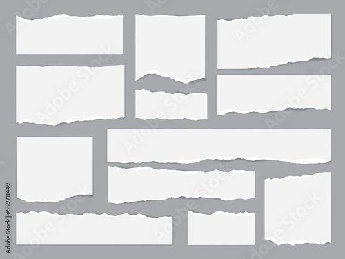 White paper rips, torn page pieces and scrap shreds, notebook ripped note strips, vector. White torn paper sheets or memo notepad scraps from copybook, ragged page rips and torn pieces