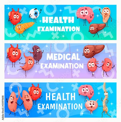 Health medical examination with cartoon organ characters vector kids doctor or pediatrician clinic banners. Child healthcare and medicine with funny brain, heart and kidney, pediatric examination