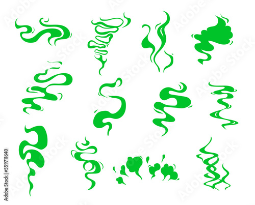 Green bad smell clouds, stink smoke odor or toxic gas and fart, vector cartoon effects. Green stench steams of bad breath or toxic scent vapor, stinky aroma smell clouds and smelly odour fume clouds photo