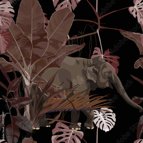 Tropical wild elephant  animal, abstract brown palm trees, banana tree. Floral seamless night pattern on blak background. Exotic botanical jungle wallpaper.