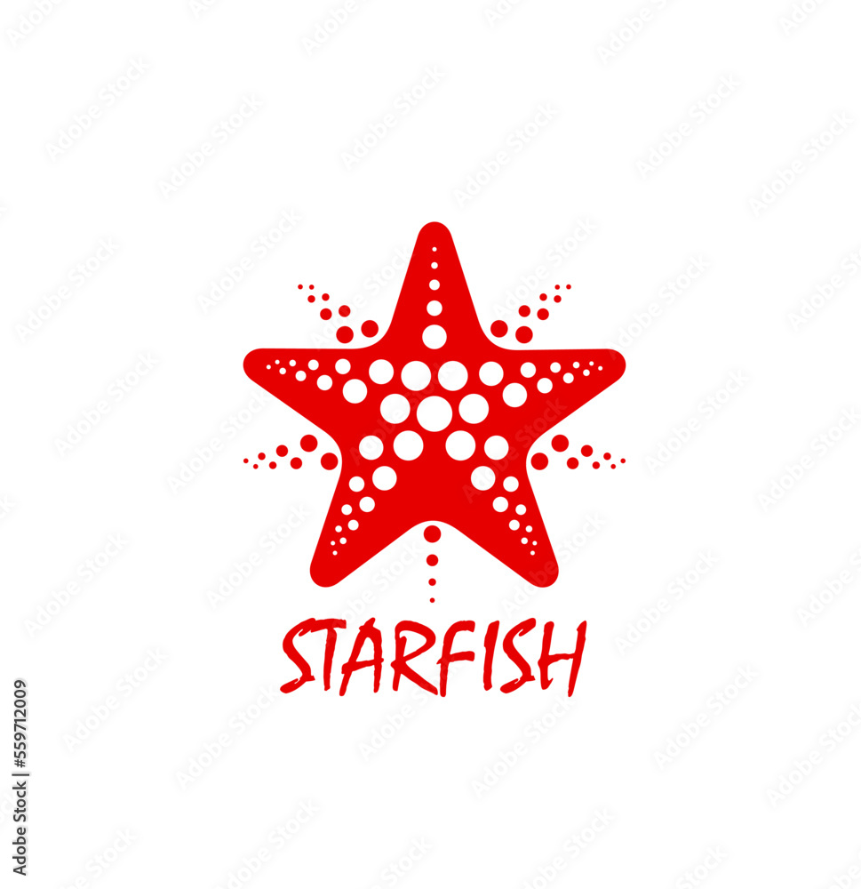 Obraz premium Starfish or star fish icon for brand, company or agency, vector emblem. Summer holiday travel, beach club and adventure tour icon of starfish, diving or water sport and travel agency sign of red star