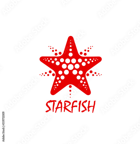 Starfish or star fish icon for brand, company or agency, vector emblem. Summer holiday travel, beach club and adventure tour icon of starfish, diving or water sport and travel agency sign of red star