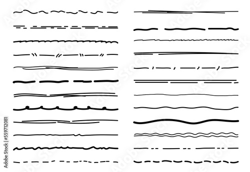 Scribble underline, pen and pencil lines or doodle strokes, vector marker or paint brush frames. Hand drawn scribble underlines or freehand line dividers and highlights with black felt tip pen