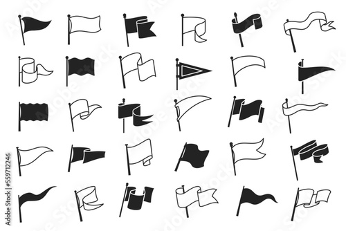 Retro pennant white and black flags, banner pendants on flagpoles, vector icons. Sport camp or university and varsity club pennants, blank waving flag on poles, linear outline signs
