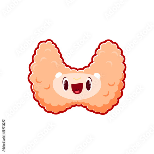 Cartoon thyroid human body organ character. Vector happy thyroid gland anatomical endocrine system personage express positive emotions