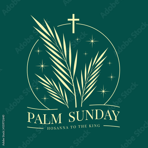 Palm sunday - yellow gold palm leaves with star wink around and cross crucifix sign in line circle on dark green background vector design
