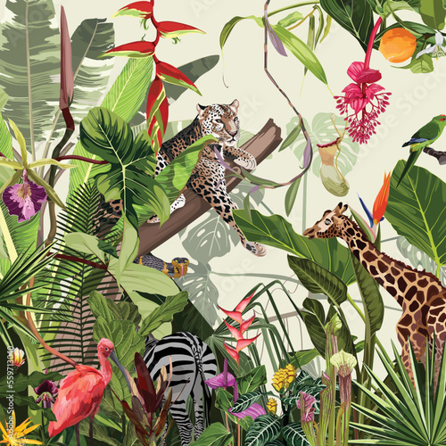 Tropical bright botanical landscape, palm tree, banana tree, plant, wild animals leopard, zebra, parrot floral seamless border background. Exotic green jungle wallpaper or banner.