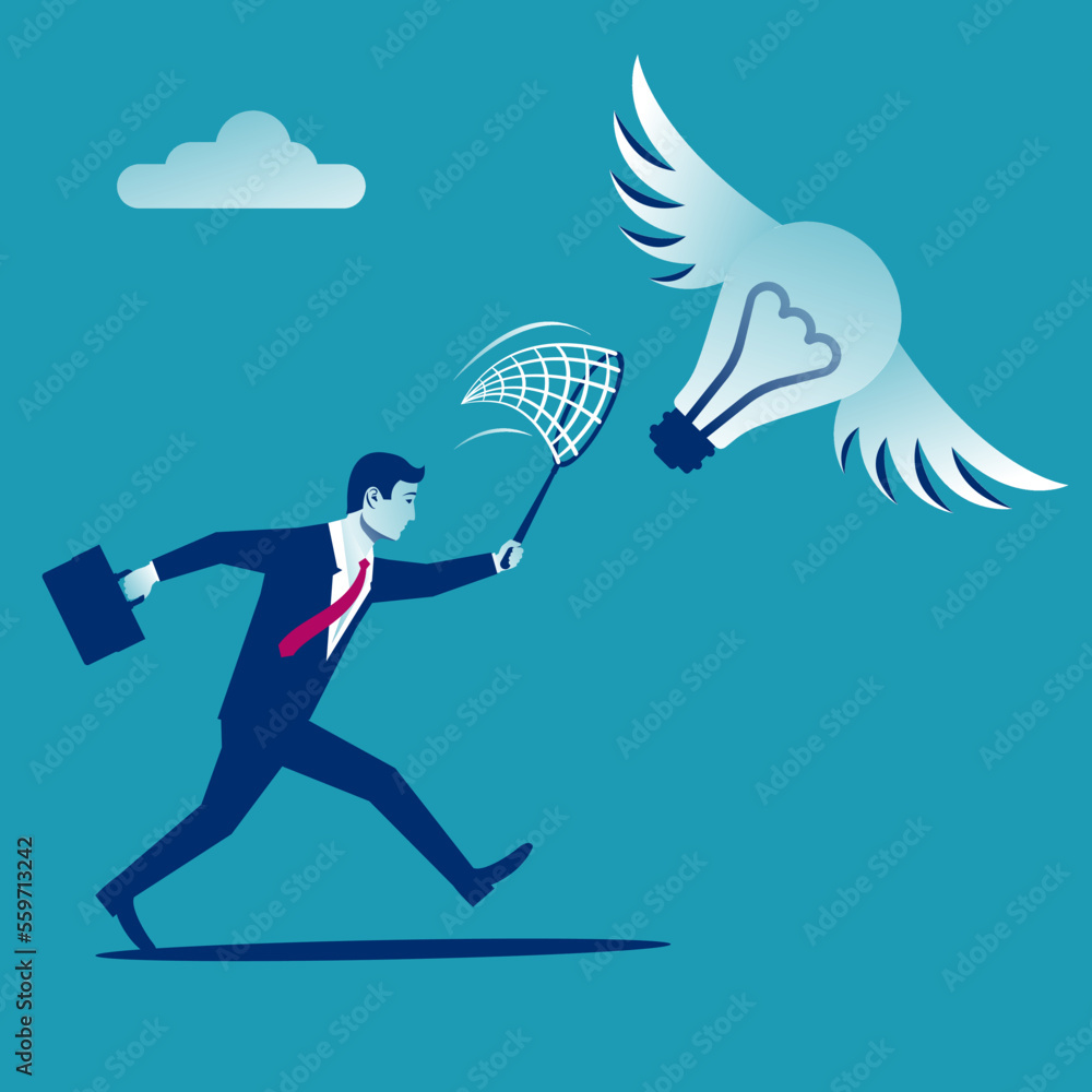 Businessman is trying to catch flying light bulb with scoop-net. Search for ideas. Vector illustration flat design. Isolated on white background. Flying idea. Cartoon style. Businessman is trying to catch flying light bulb with scoop-net. Search for ideas. Vector illustration flat design. Isolated on white background. Flying idea. Cartoon style.
