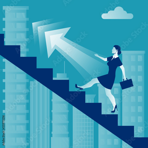 Businesswoman is climbing career ladder on background of a big city. Concept development. Vector illustration flat design. Step by step. Woman in a suit with a briefcase runs down stairs.