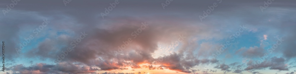 Dark blue sunset sky panorama with pink Cumulus clouds. Seamless hdr 360 panorama in spherical equirectangular format. Full zenith for 3D visualization, sky replacement for aerial drone panoramas.