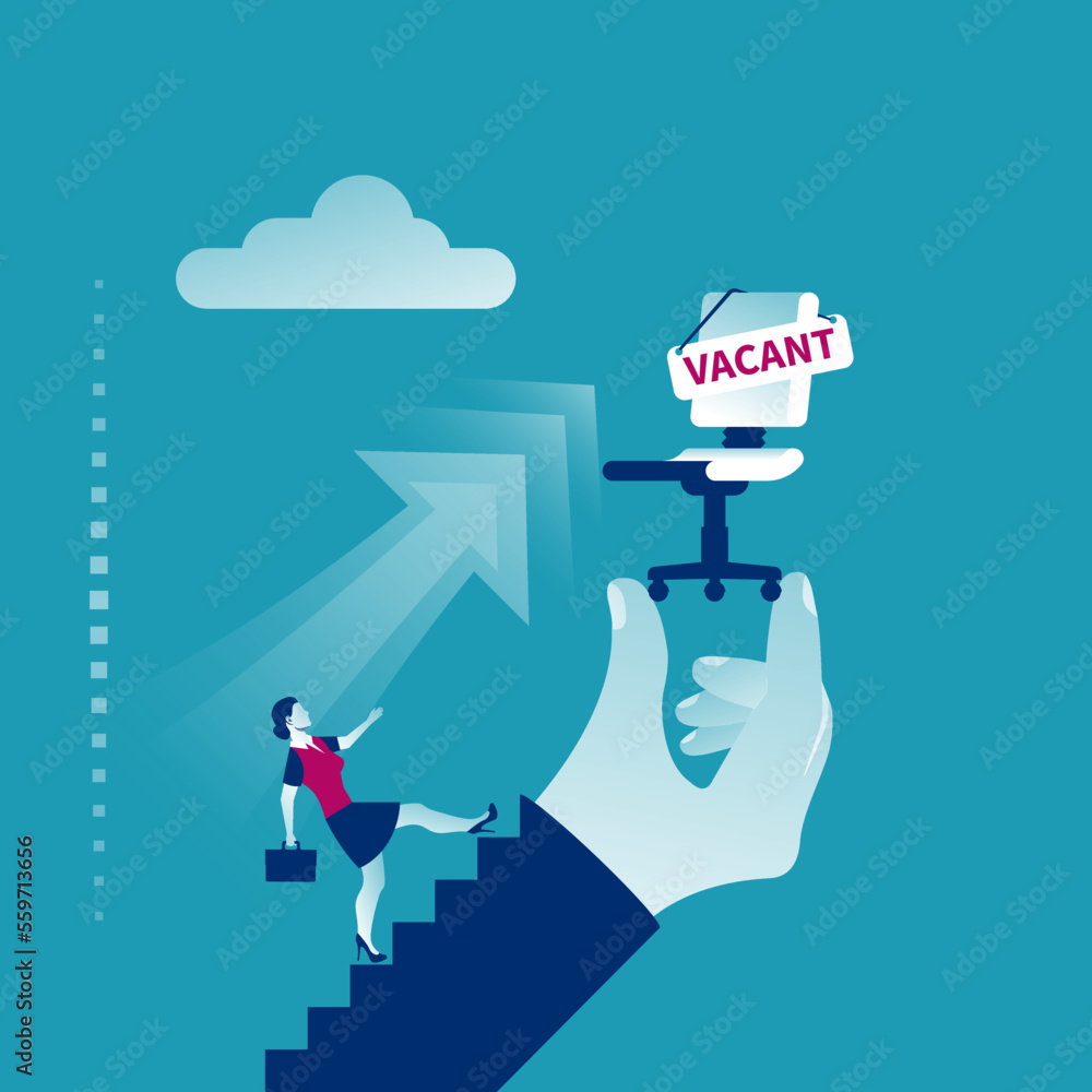 Offer vacancy. Vacant concept. Businesswoman running to a new job. Vector flat design. Career position. Office empty chair hold in hand with sign as symbol of an recruiting to work. Hiring staff. Offer vacancy. Vacant concept. Businesswoman running to a new job. Vector flat design. Career position. Office empty chair hold in hand with sign as symbol of an recruiting to work. Hiring staff.