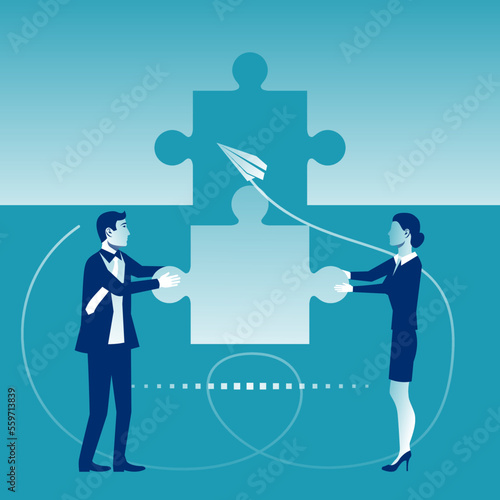 Business concept. Teamwork metaphor. Businessman and businesswoman connecting puzzle elements. Vector illustration flat style design. Combining two pieces. Working together, cooperation, partnership.