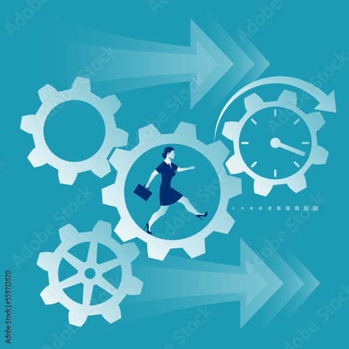 Time management, control. Vector illustration flat design. Isolated on background. Businesswoman run along gear in form of clock. Organization of process.