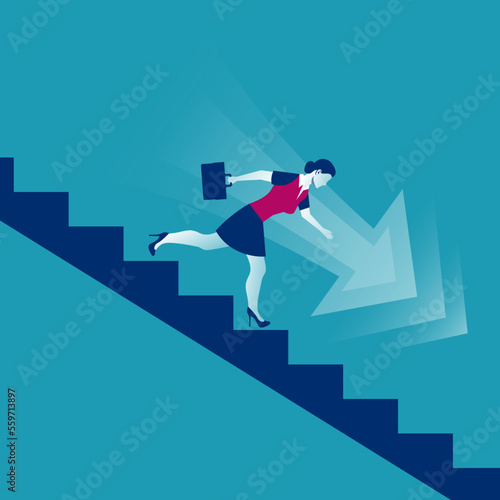 Businesswoman runs down the stairs. Female in a suit with a briefcase. Run away from problems and failures. Vector illustration flat design. Isolated on white background.