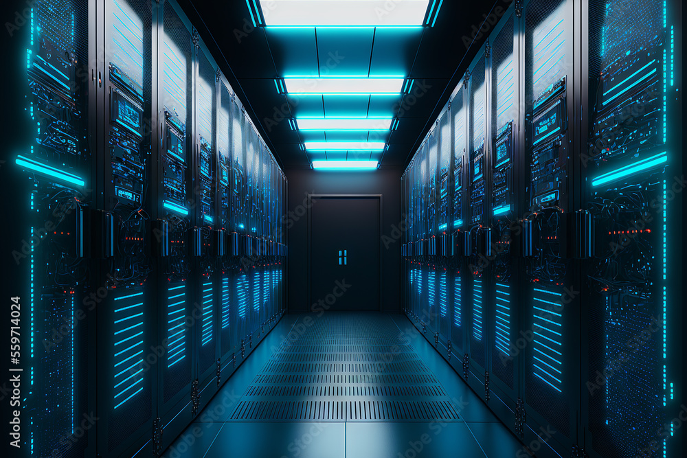 Dark servers data center room with computers and storage systems and blue glowing elements. Generative AI Imagery - obrazy, fototapety, plakaty 