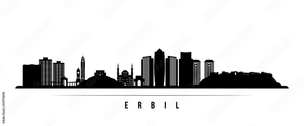 Erbil skyline horizontal banner. Black and white silhouette of Erbil, Iraq. Vector template for your design.